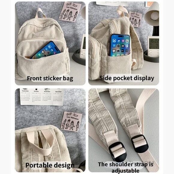 Corduroy Mini Backpack Purse - Small Daypack with Multiple Pockets